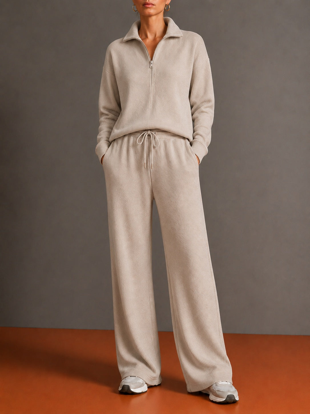 Ensemble de détente en tricot pour femmes avec demi-fermeture éclair, taille élastique et jambes larges - Echo Archiv