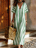 Robe maxi à manches longues pour femmes avec décolleté en V profond et motif rayé nautique R&B