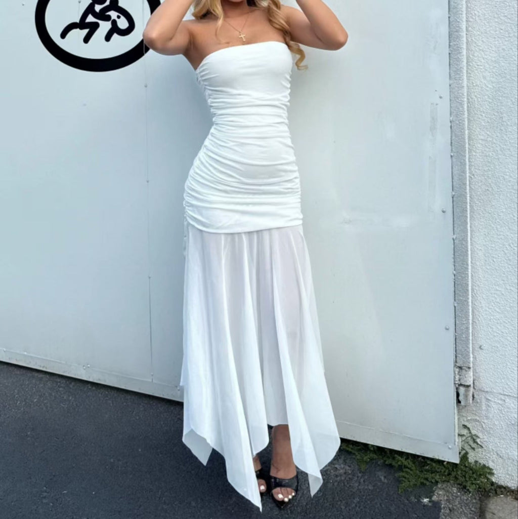 Robe maxi sans manches pour femmes avec élégante fronce et jupe transparente R&B