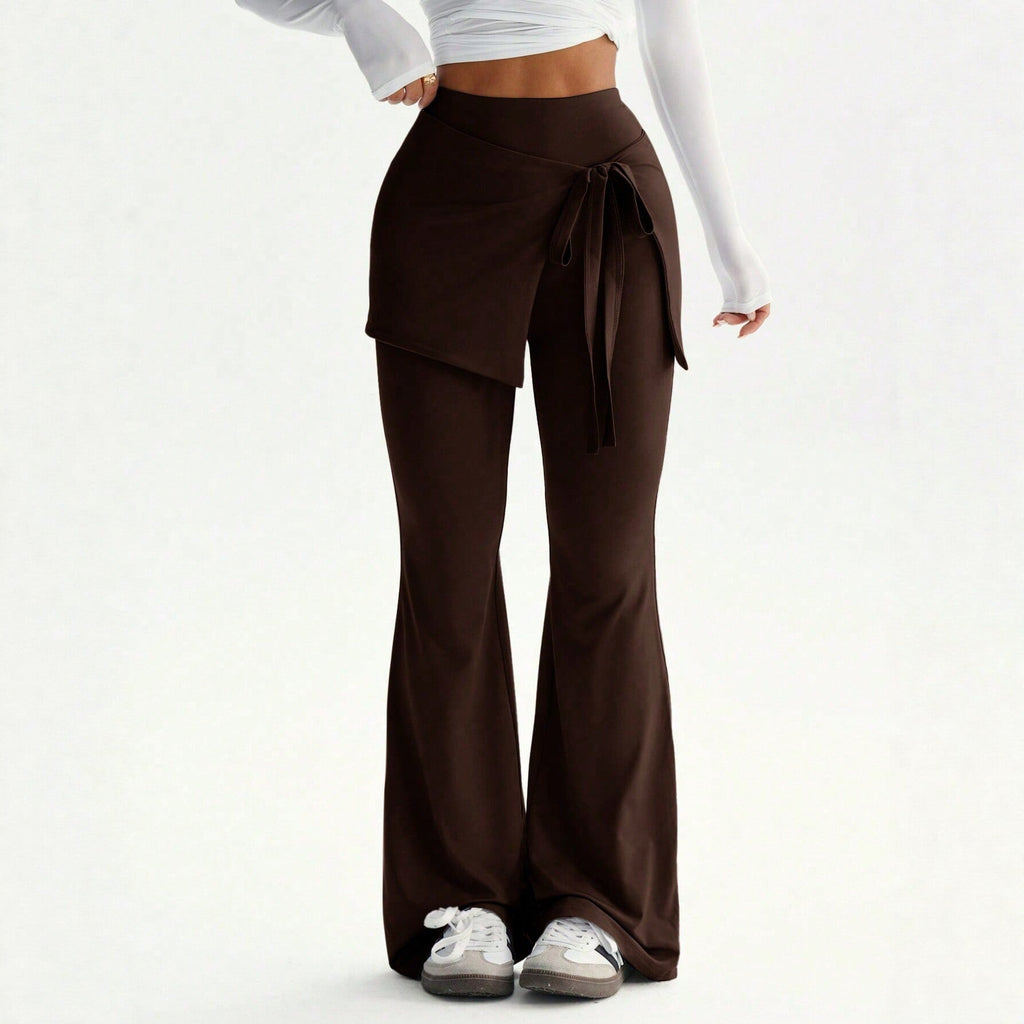 Pantalon à taille haute pour femmes avec superposition de jupe portefeuille et nœud à la taille