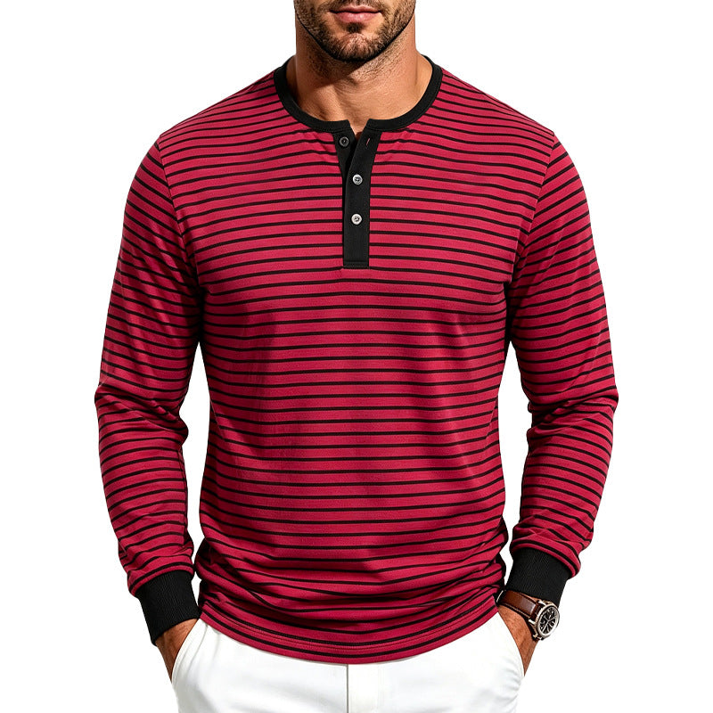 Chemise Henley à manches longues rayée pour hommes en mélange de coton Echoarchiv