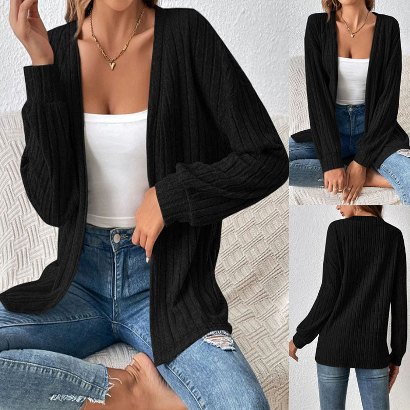 Cardigan long en maille côtelée pour femmes avec manches ballon et devant ouvert Echoarchiv