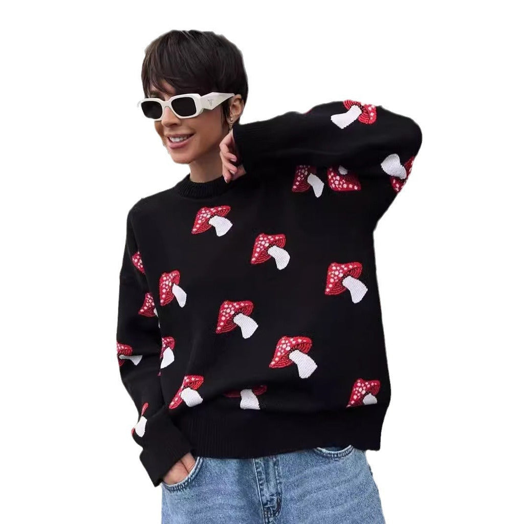 Pull en tricot pour femmes avec motif de champignon, encolure ronde, bords côtelés, Echo Archive
