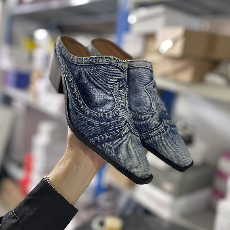 Sandales en jean élégantes pour femmes avec bout pointu et talon bloc R&B