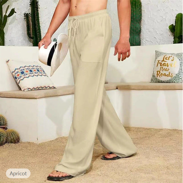 Pantalon large en lin pour hommes avec cordon de serrage, poches latérales plaquées et coupe Relaxed-Fit Echo Archiv