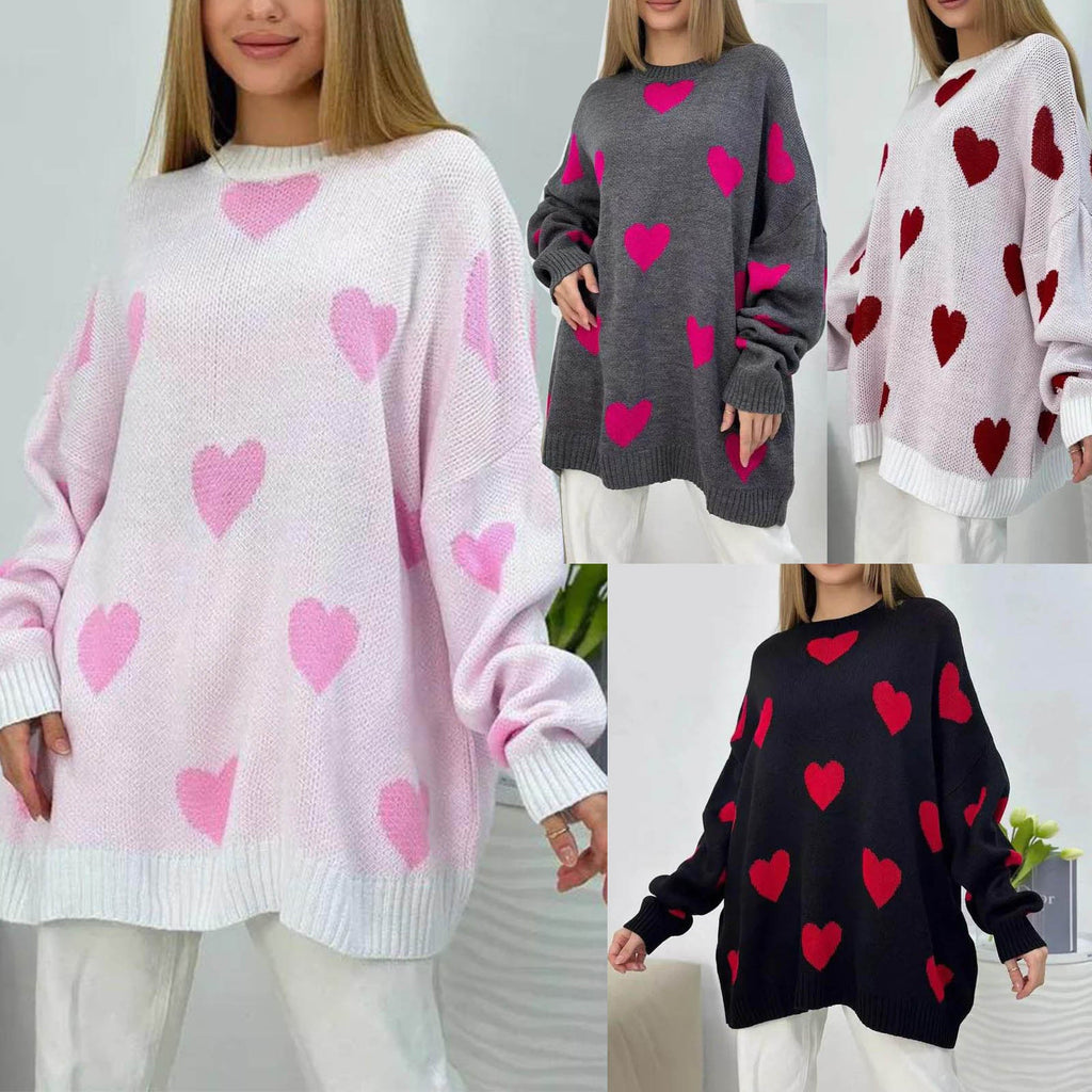 Pull en tricot oversize pour femmes avec motif en cœur, bords côtelés et silhouette ample Echoarchiv