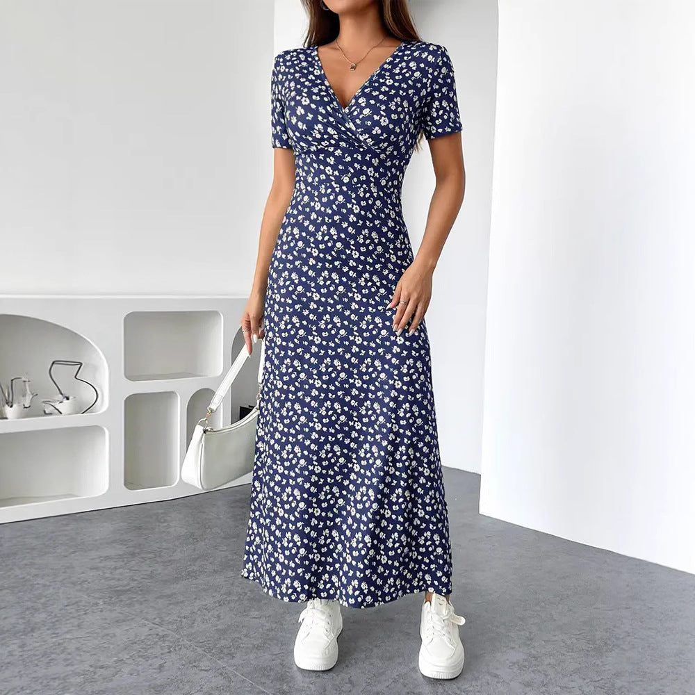 Robe midi en jersey cintrée pour femme avec haut croisé, manches courtes et jupe évasée R&B