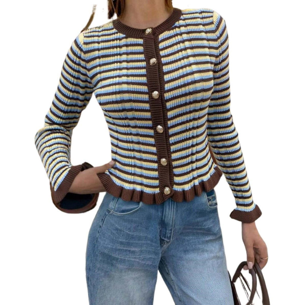 Cardigan court côtelé pour femmes avec volants et boutons statement Echoarchiv