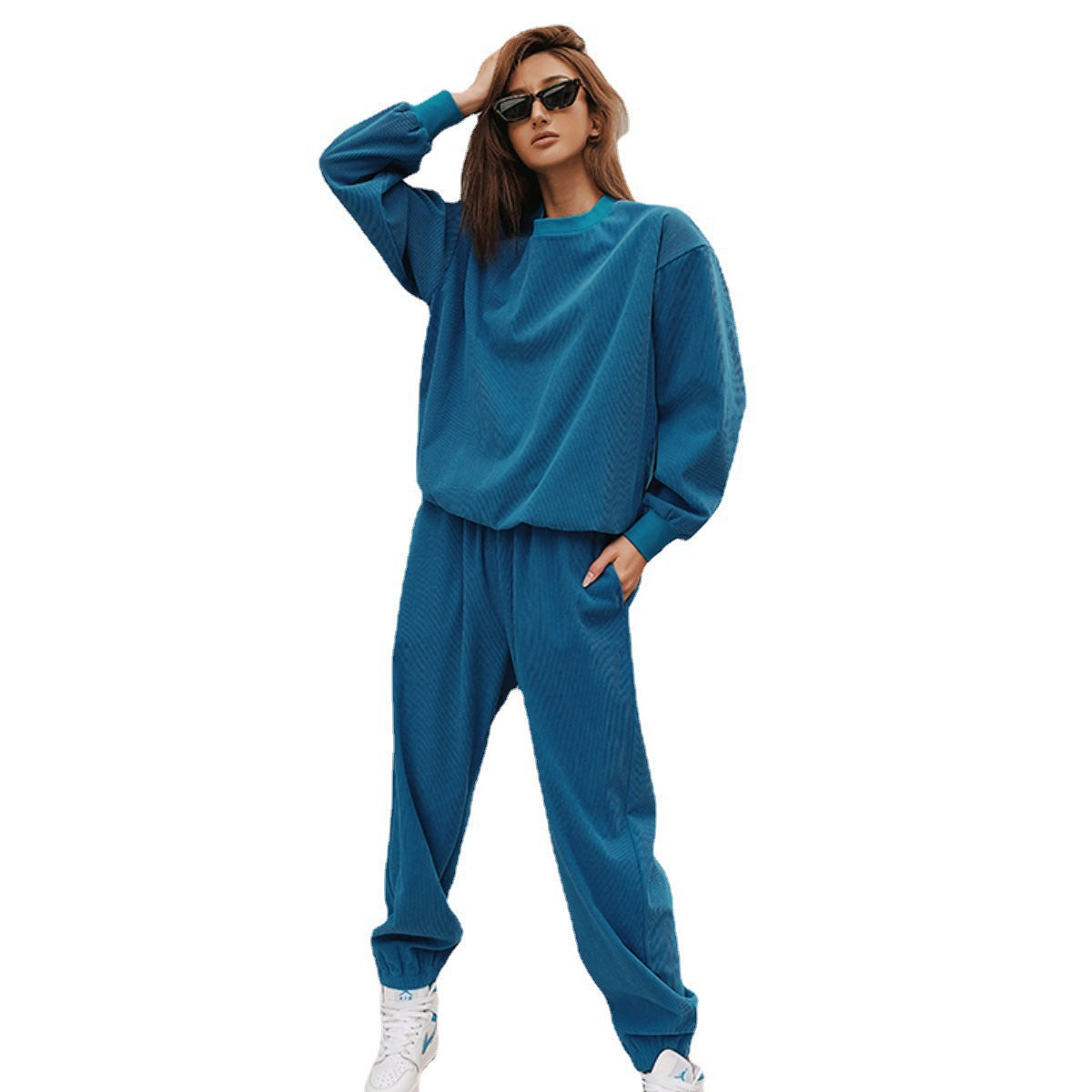 Ensemble Lounge Oversize Femme en Jersey Texturé avec Col Rond et Pantalon Élastique