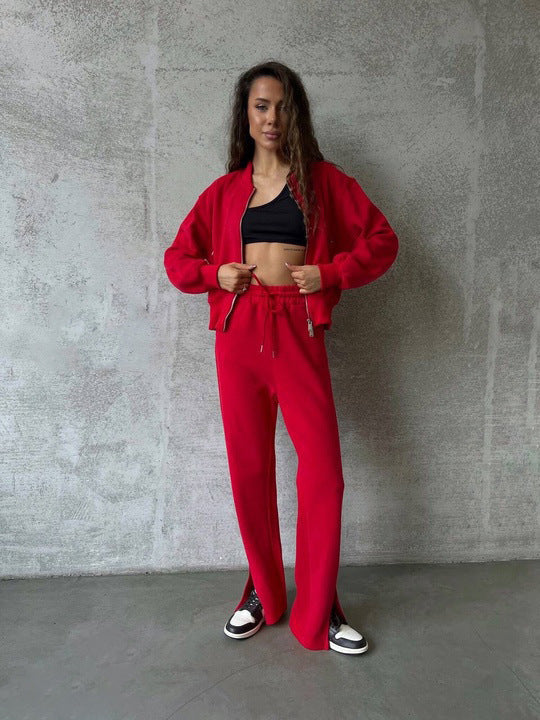 Ensemble en velours doux pour femmes avec bomber à fermeture éclair courte et pantalon taille haute avec fente Echo Archiv