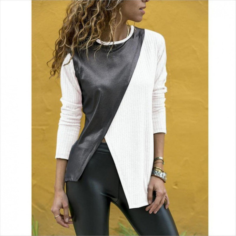 T-shirt long asymétrique pour femmes avec overlay en simili cuir et tricot côtelé Echo Archive