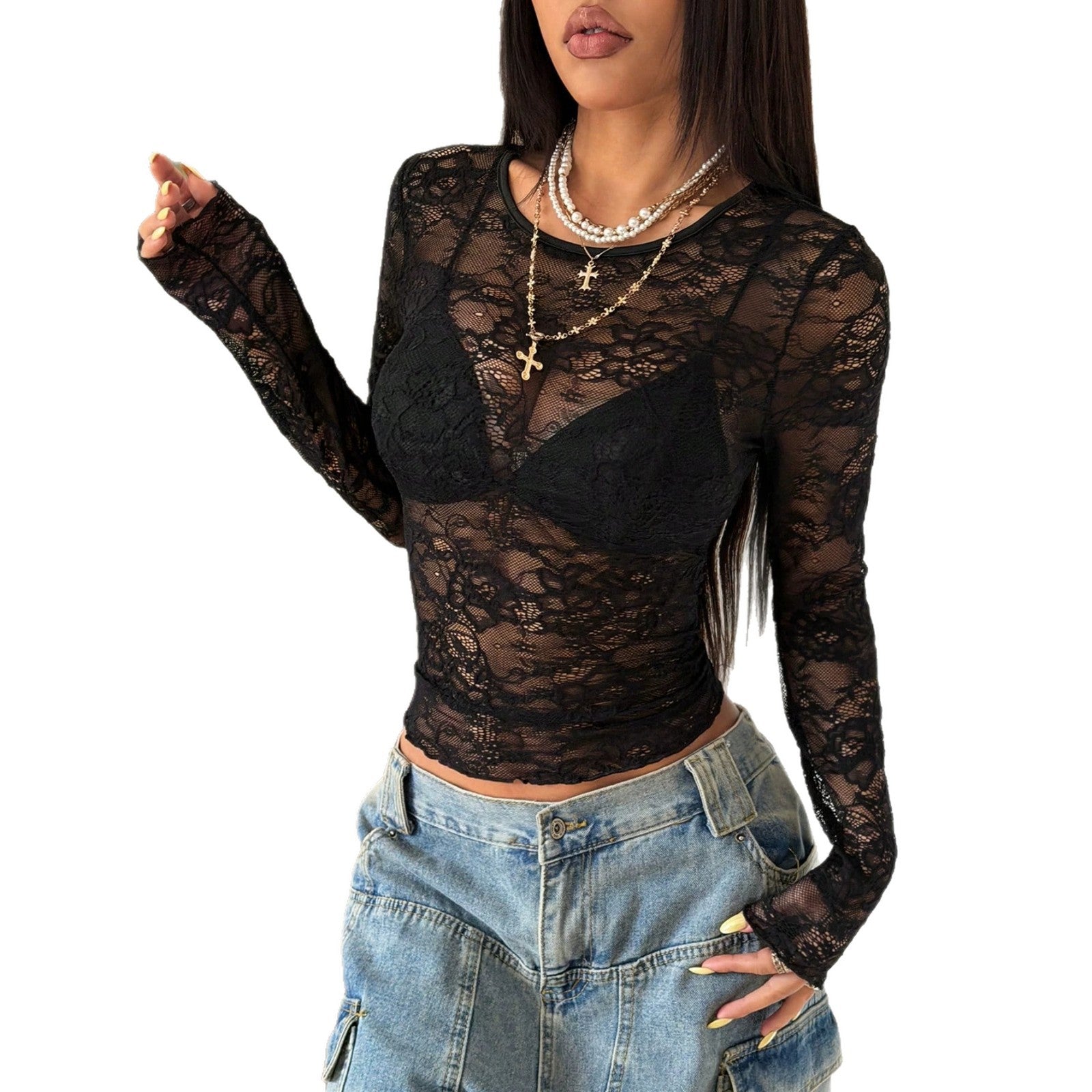 T-shirt long transparent en dentelle pour femmes avec motif floral ajouré et stretch R&B