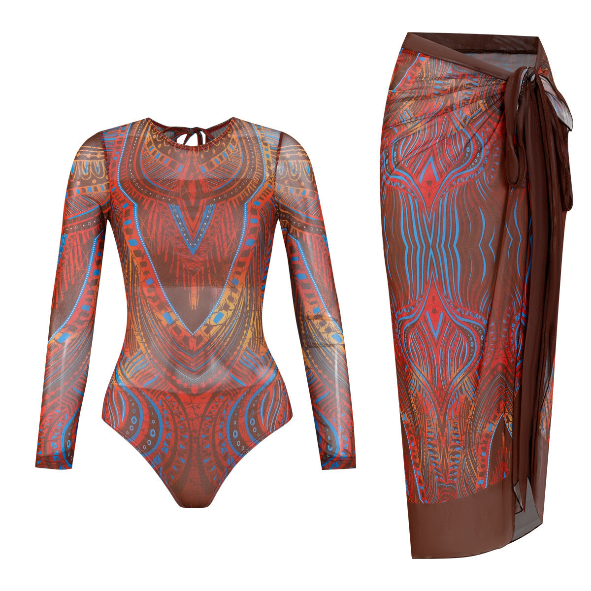 Maillot de bain à manches longues pour femmes avec motif graphique coloré R&B