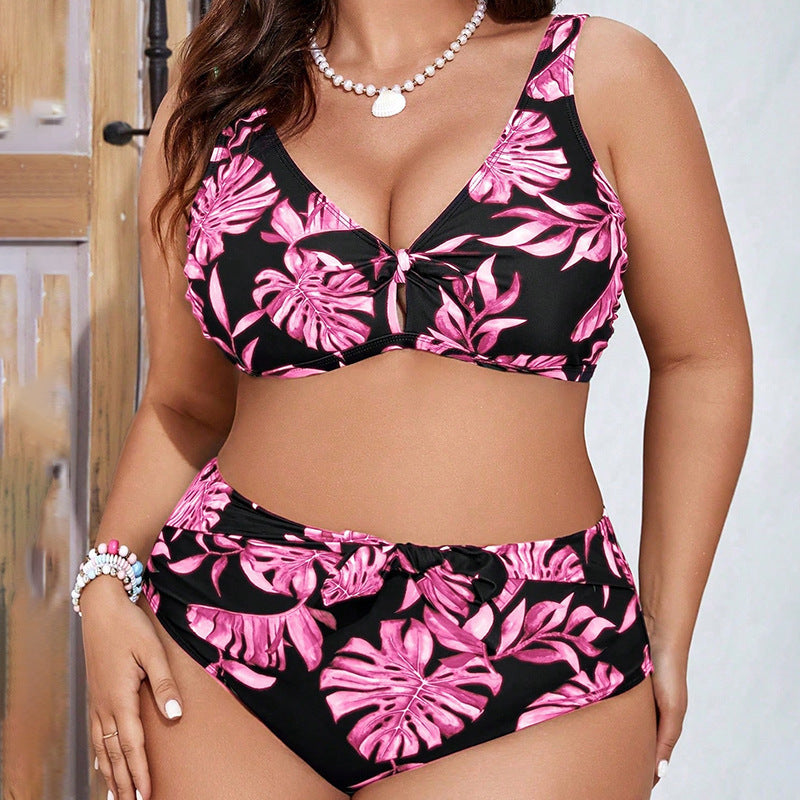 Bikini taille haute pour femmes avec design floral et détail de nœud décoratif R&B