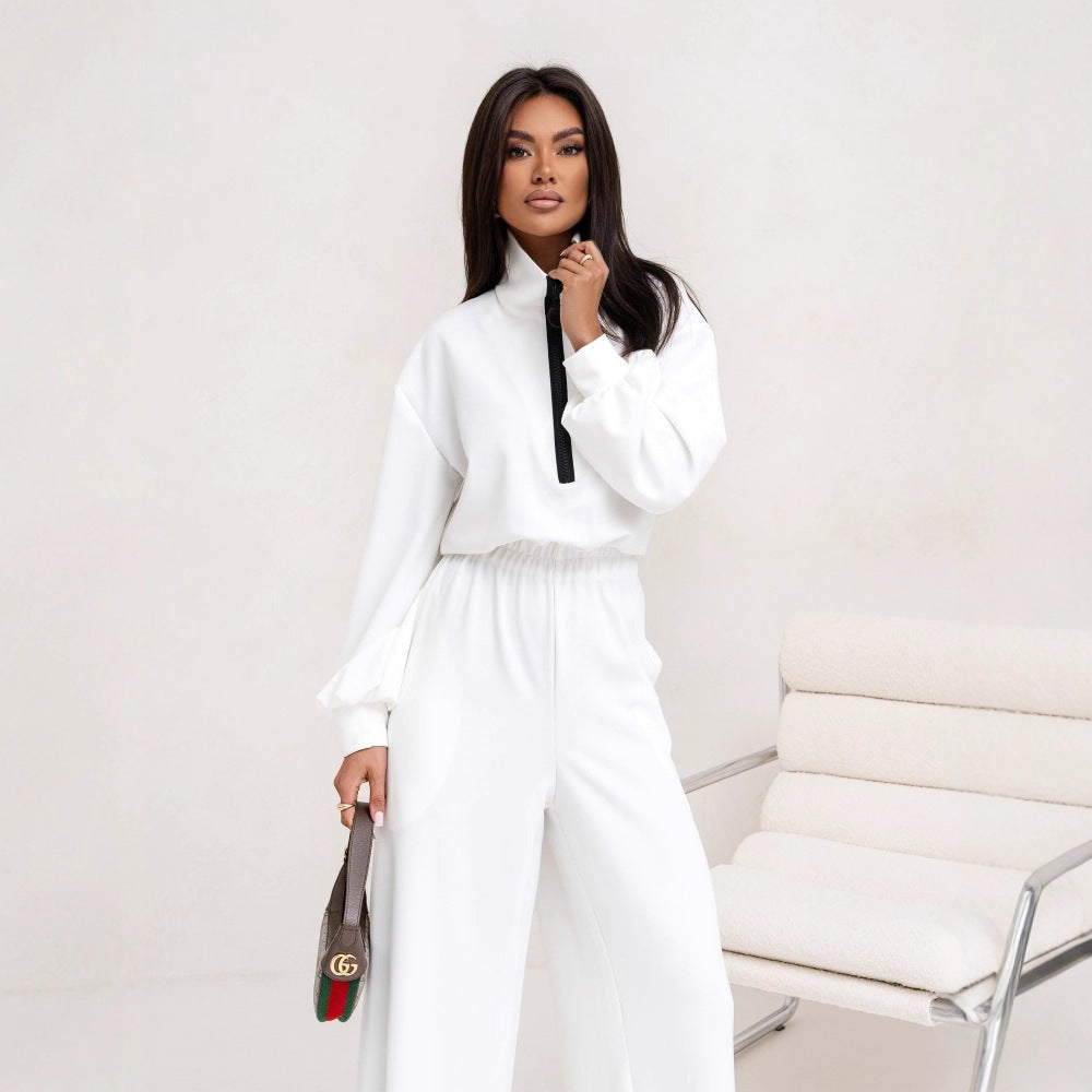 Pull zippé décontracté pour femmes avec taille élastique et pantalon palazzo extra large Ensemble Echo Archiv