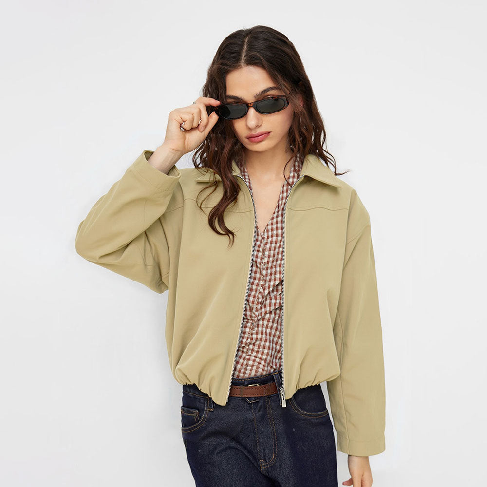 Veste bomber courte oversize pour femmes avec fermeture éclair, col léger et ourlet élastique
