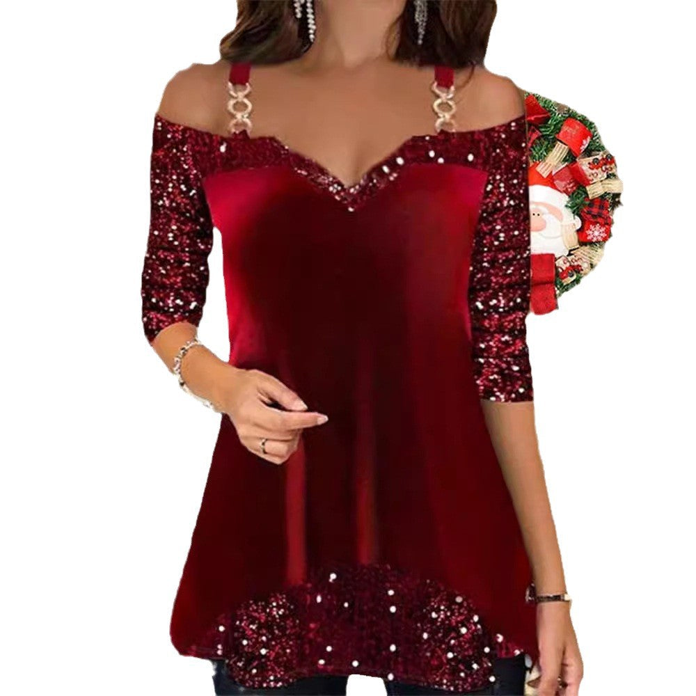 Tunique sans manches pour femmes avec décolleté en V, bretelles décoratives et manches en sequins R&B