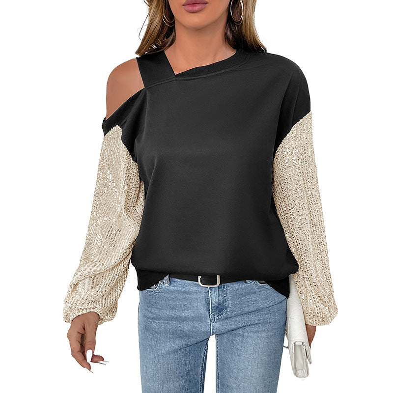 Sweatshirt asymétrique pour femmes avec décolleté et manches en tricot à sequins Echoarchiv