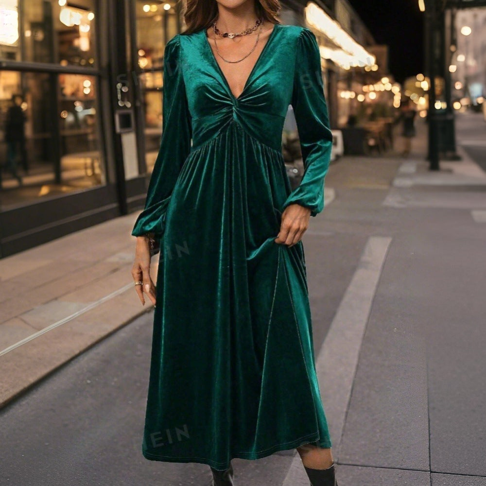 Robe mi-longue en velours pour femme, avec un corsage torsadé et une jupe évasée