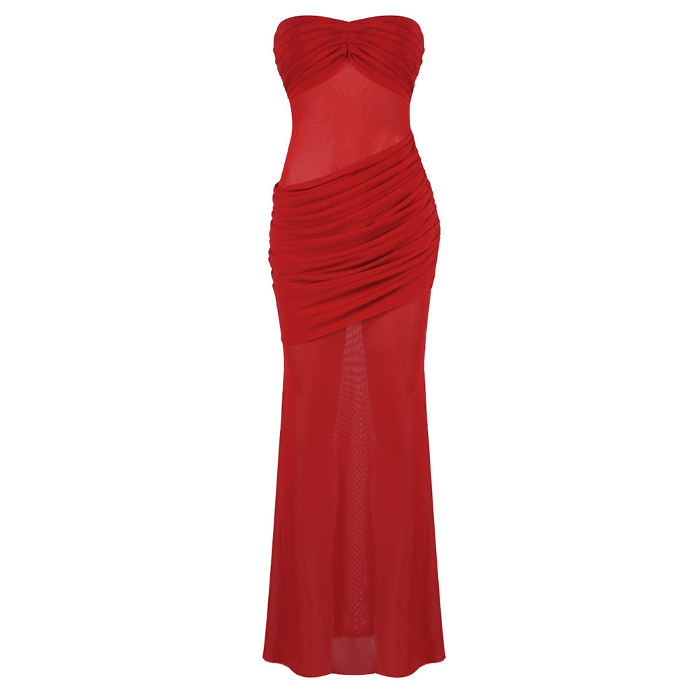 Robe maxi élégante sans bretelles pour femmes avec drapé raffiné et inserts transparents Heidi-Mode