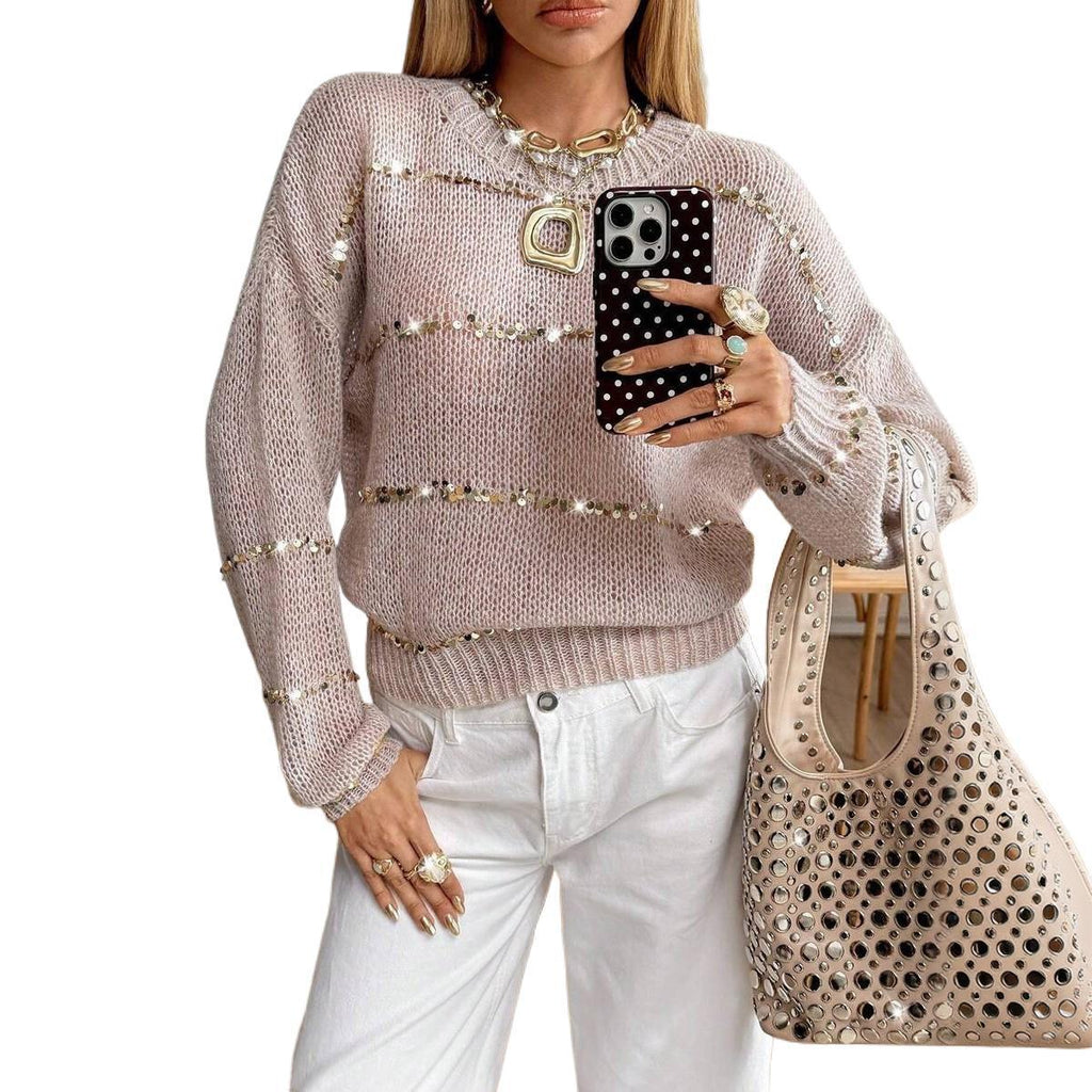 Pull en grosse maille pour femmes avec bandes de sequins, coupe oversize et col rond Echoarchiv