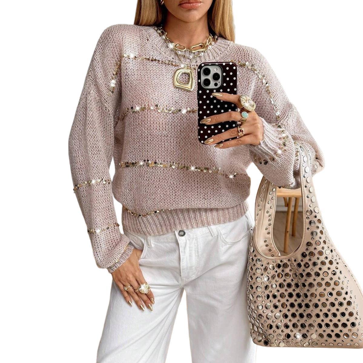 Pull en grosse maille pour femmes avec bandes de sequins, coupe oversize et col rond Echoarchiv