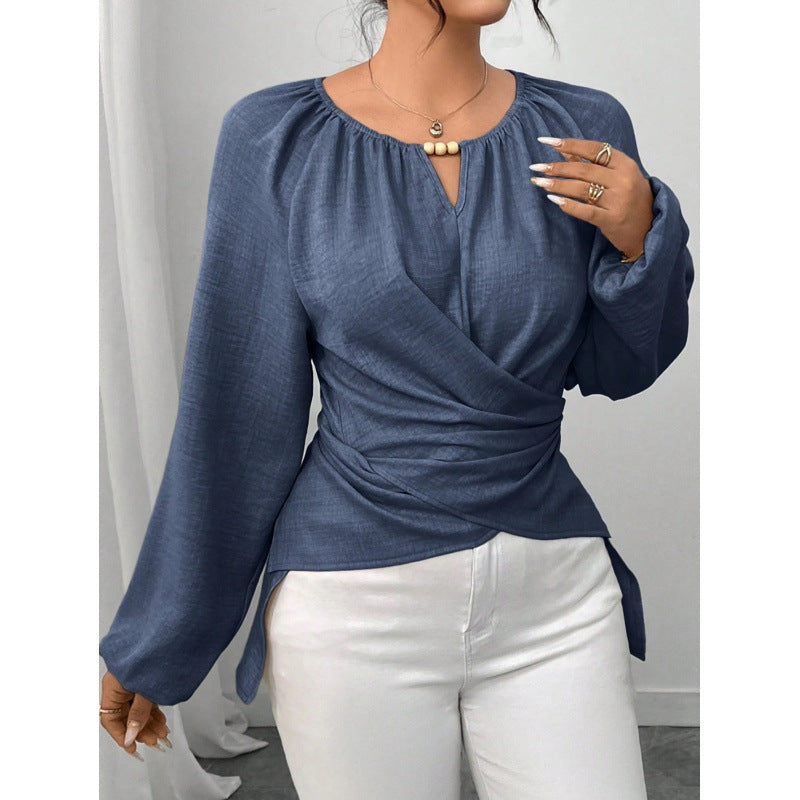 Blouse wrap cintrée pour femmes avec détail de perles et manches ballon Echoarchiv