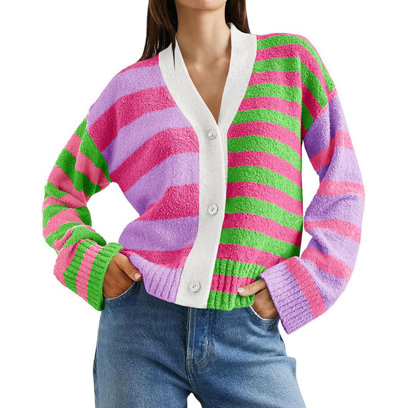 Cardigan en éponge à rayures décontracté pour femmes avec décolleté en V et patte de boutonnage Echoarchiv