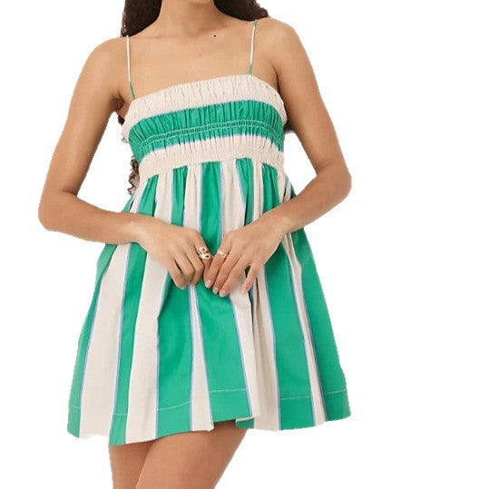 Robe mini à bretelles spaghetti pour femmes avec corsage froncé, taille empire et jupe évasée R&B