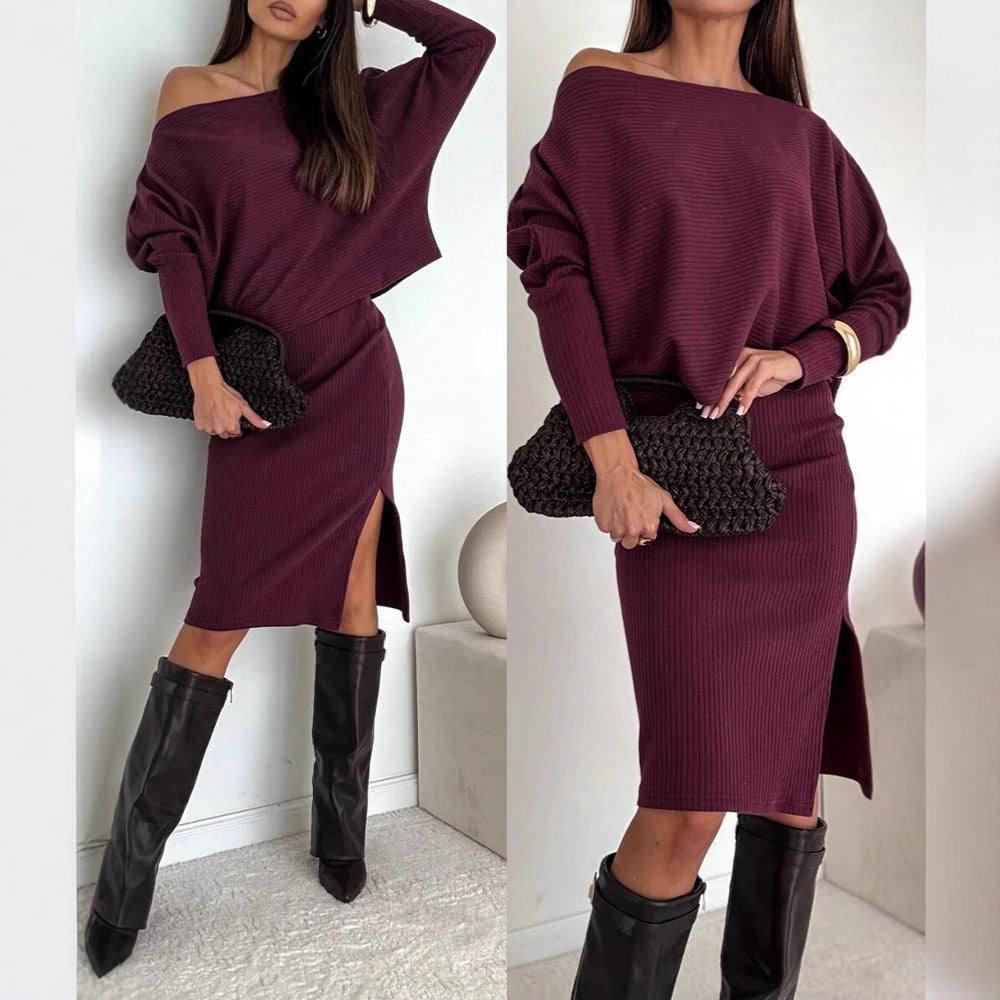 Ensemble en tricot à rayures réversibles pour femmes avec pull oversize à épaules dénudées et jupe midi cintrée avec fente latérale