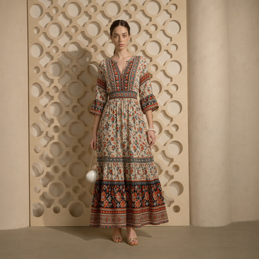 Robe maxi Boho longue pour femmes avec décolleté en V, taille froncée et jupe à volants Echo Archiv