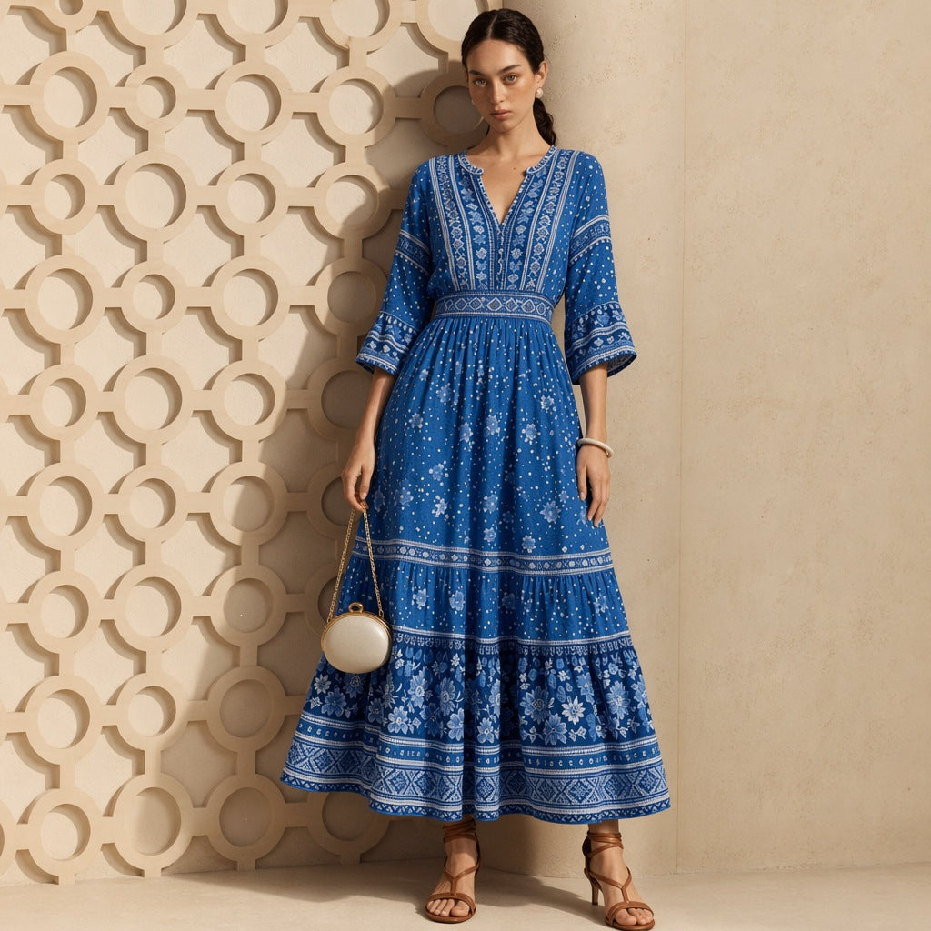 Robe maxi Boho longue pour femmes avec décolleté en V, taille froncée et jupe à volants Echo Archiv