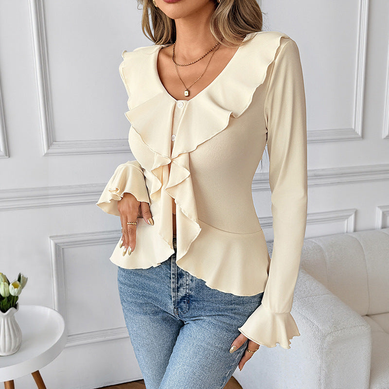 Blouse en Chiffon à Volants pour Femmes avec Boutonnière, Basque Cintrée et Col Volant Echoarchiv