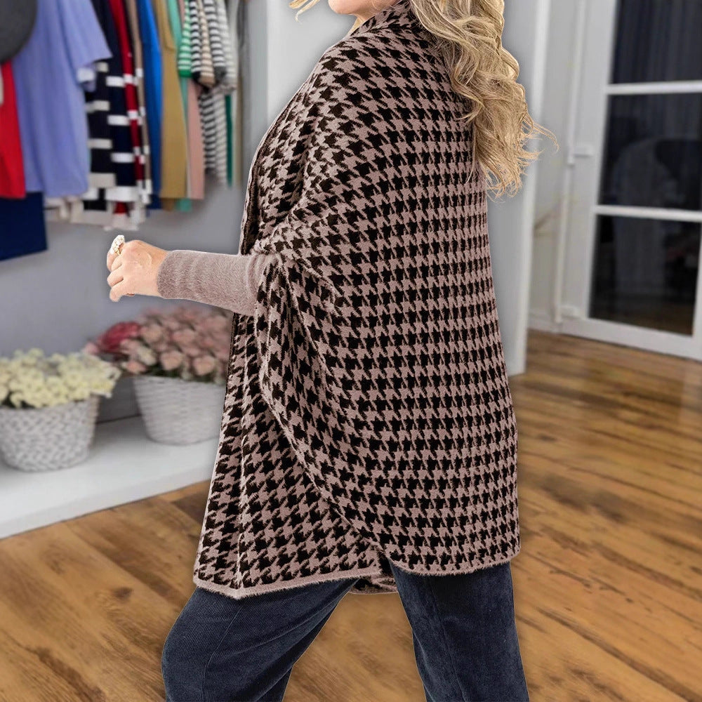 Poncho Oversized pour Femmes avec Motif Pied-de-Poule et Col Châle Ouvert Echo Archiv