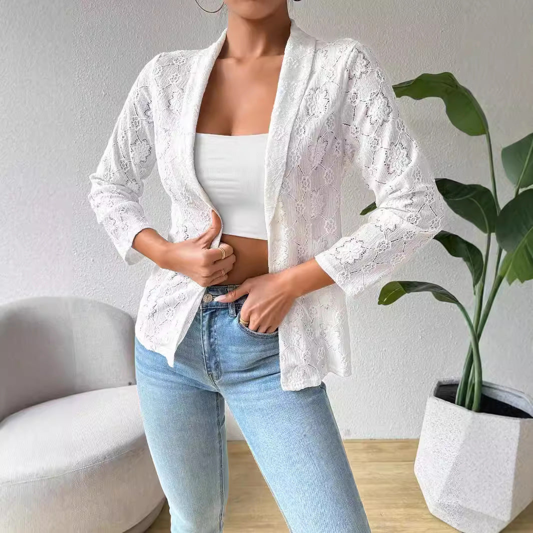 Blazer en dentelle transparente pour femmes avec col châle et manches trois-quarts R&B