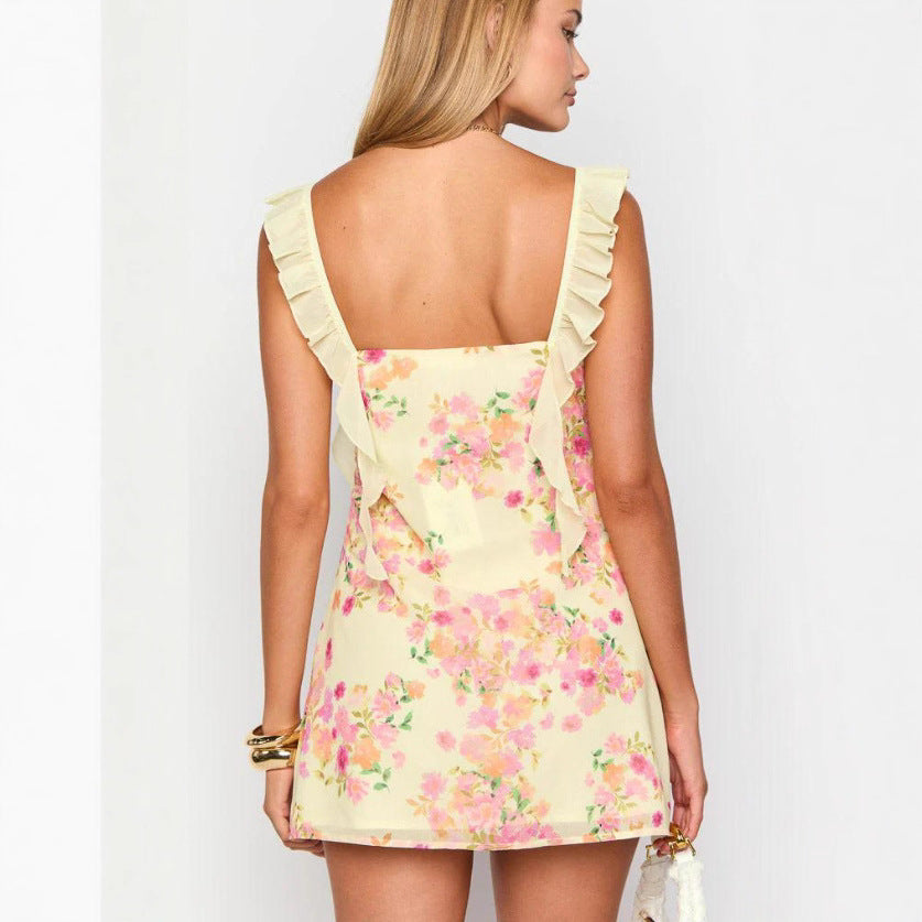 Robe mini ajustée pour femmes avec bretelles à volants, détail nœud au décolleté et motif floral R&B