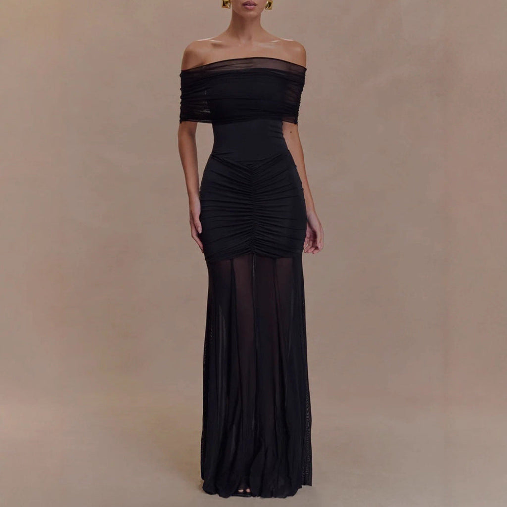 Robe de soirée sans épaules pour femmes avec sous-robe en jersey ajustée et jupe en chiffon transparent R&B