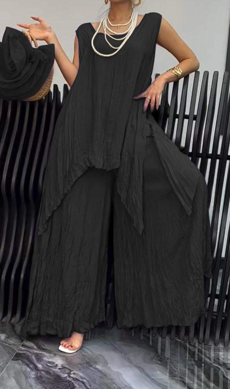 Ensemble léger à effet froissé pour femmes avec tunique sans manches et pantalon palazzo R&B