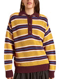 Pull en tricot oversize pour femmes avec col polo et relief à rayures multistrates Echoarchiv