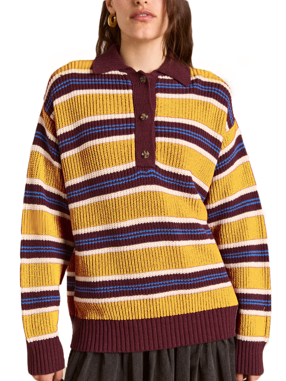 Pull en tricot oversize pour femmes avec col polo et relief à rayures multistrates Echoarchiv