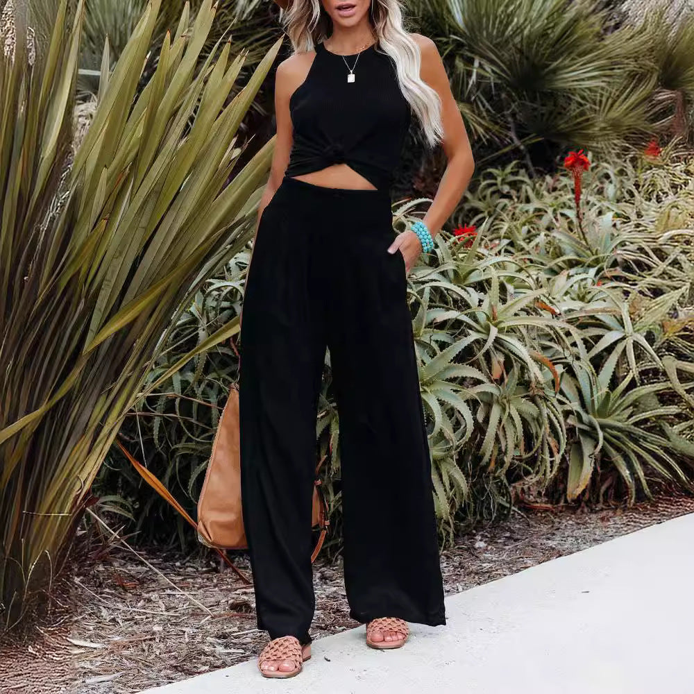 Pantalons larges smockés taille haute en mélange de lin pour femmes Echoarchiv