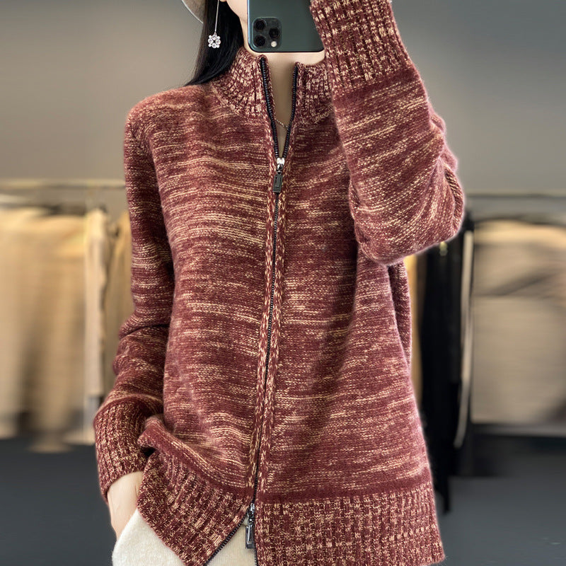 Veste en tricot pour femmes avec fermeture éclair et col montant