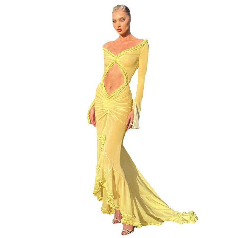 Robe maxi transparente pour femmes avec des détails de volants élégants et une coupe ajustée R&B