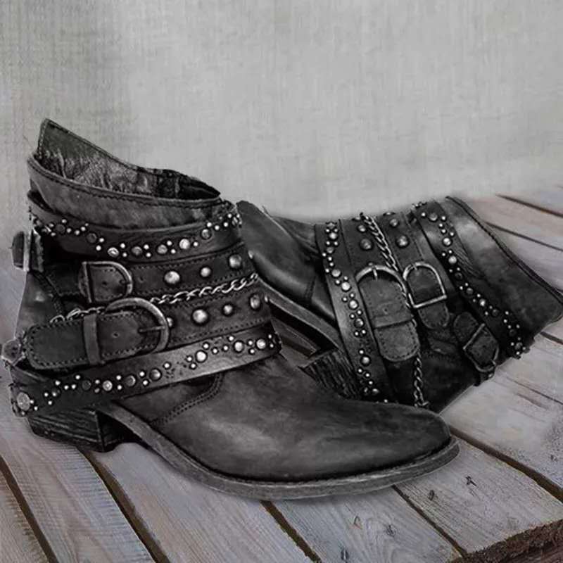 Bottines western pour femmes avec sangle à boucle et chaînes