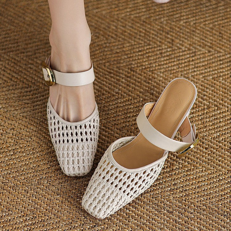 Mules élégantes pour femmes avec tressage à la mode et talon bloc confortable R&B