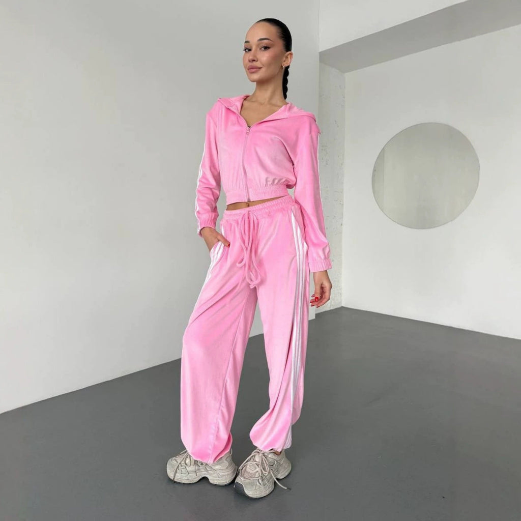 Ensemble de survêtement rétro en velours pour femmes avec rayures latérales, taille haute et fermeture éclair Echo Archiv