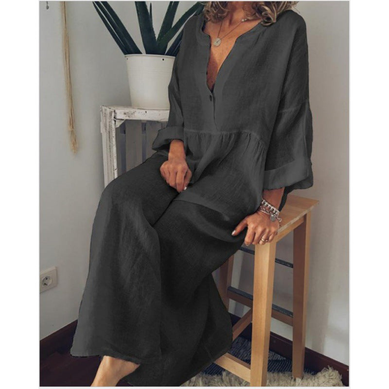 Robe maxi en lin pour femmes avec décolleté en V, taille froncée et manches 3/4 Echo Archive