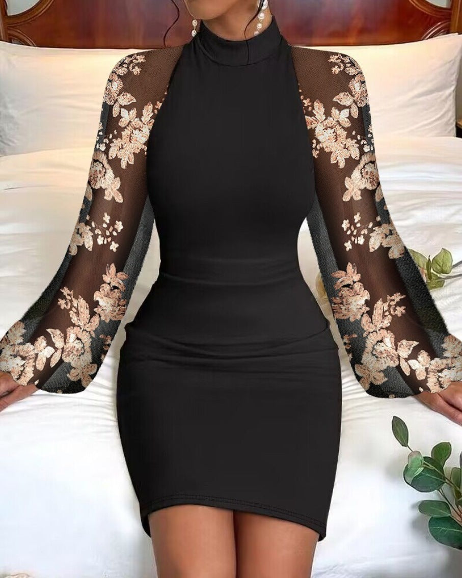 Robe fourreau cintrée pour femmes avec col montant et manches trompette transparentes brodées Echoarchiv