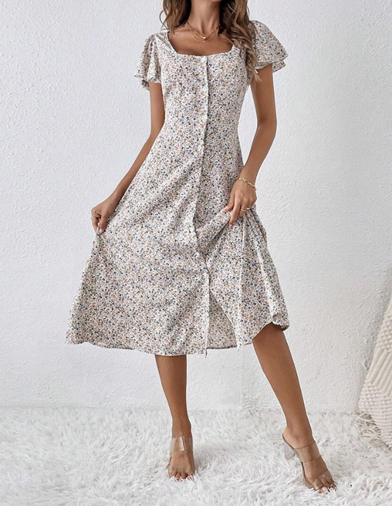 Robe midi cintrée pour femmes avec décolleté carré, patte de boutonnage cachée et jupe fluide en A R&B