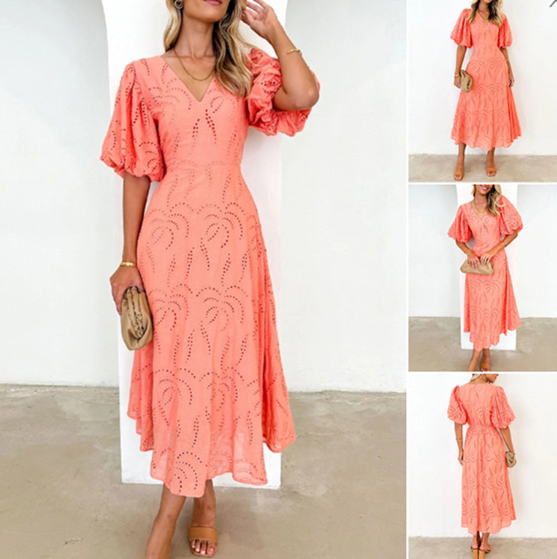 Robe midi cintrée pour femmes avec broderie ajourée et manches ballon volumineuses R&B